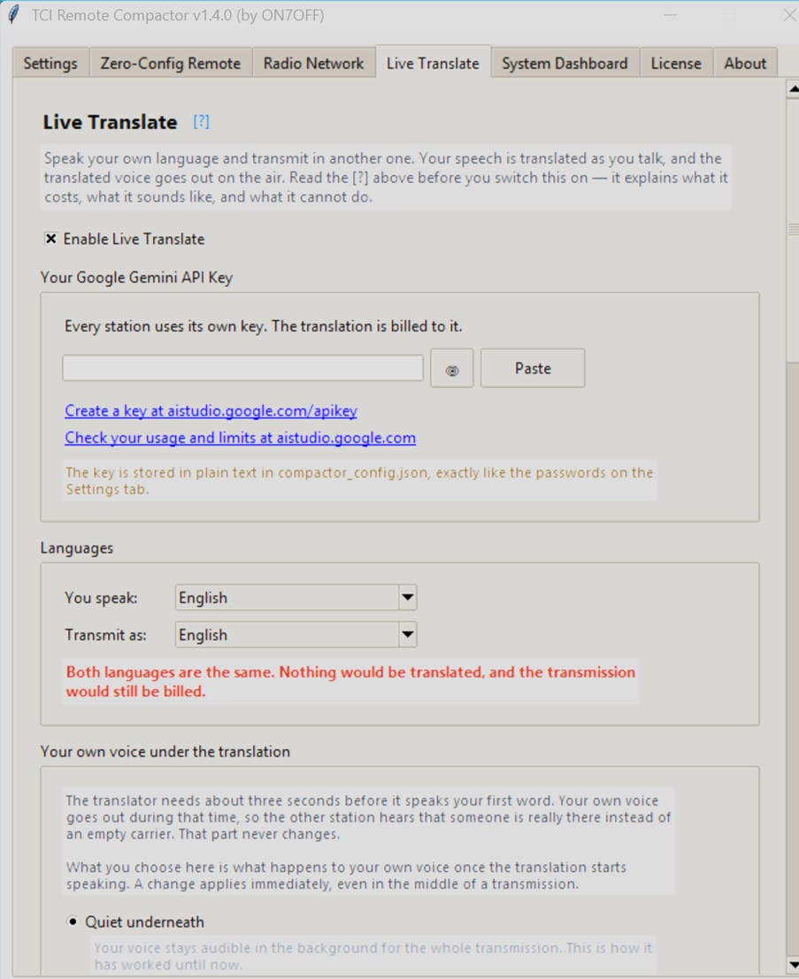 The Live Translate tab in the TCI Remote Compactor, with Enable Live Translate ticked and the API key field still empty.