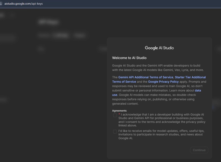 Google AI Studio welcome dialog with the agreement checkboxes and a Continue button.
