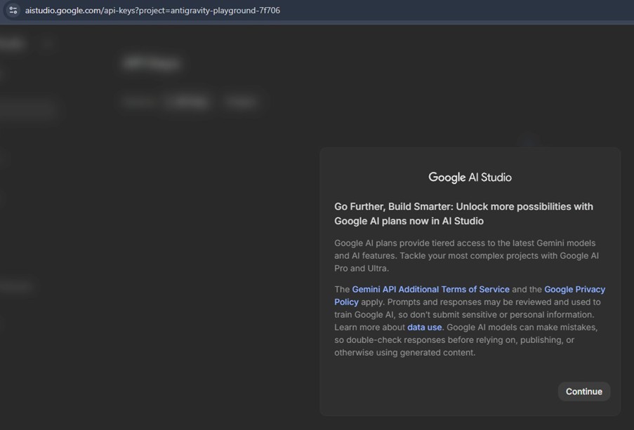 Google AI Studio screen offering Google AI plans, with a Continue button at the bottom right.