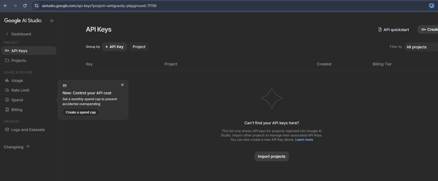 The API Keys page with the Create API key button highlighted at the top right.
