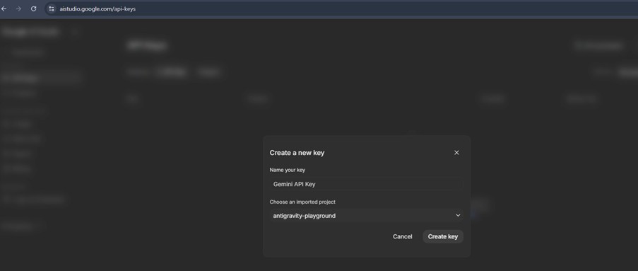 The Create a new key dialog in Google AI Studio, with a name field and a project selector.