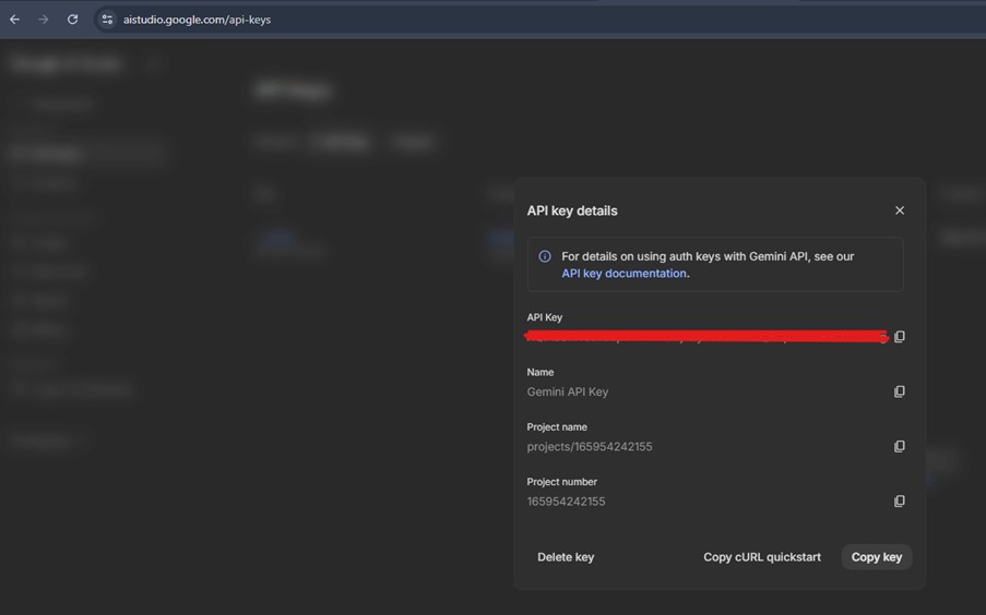 The API key details dialog, with the key itself blanked out and a copy button beside it.