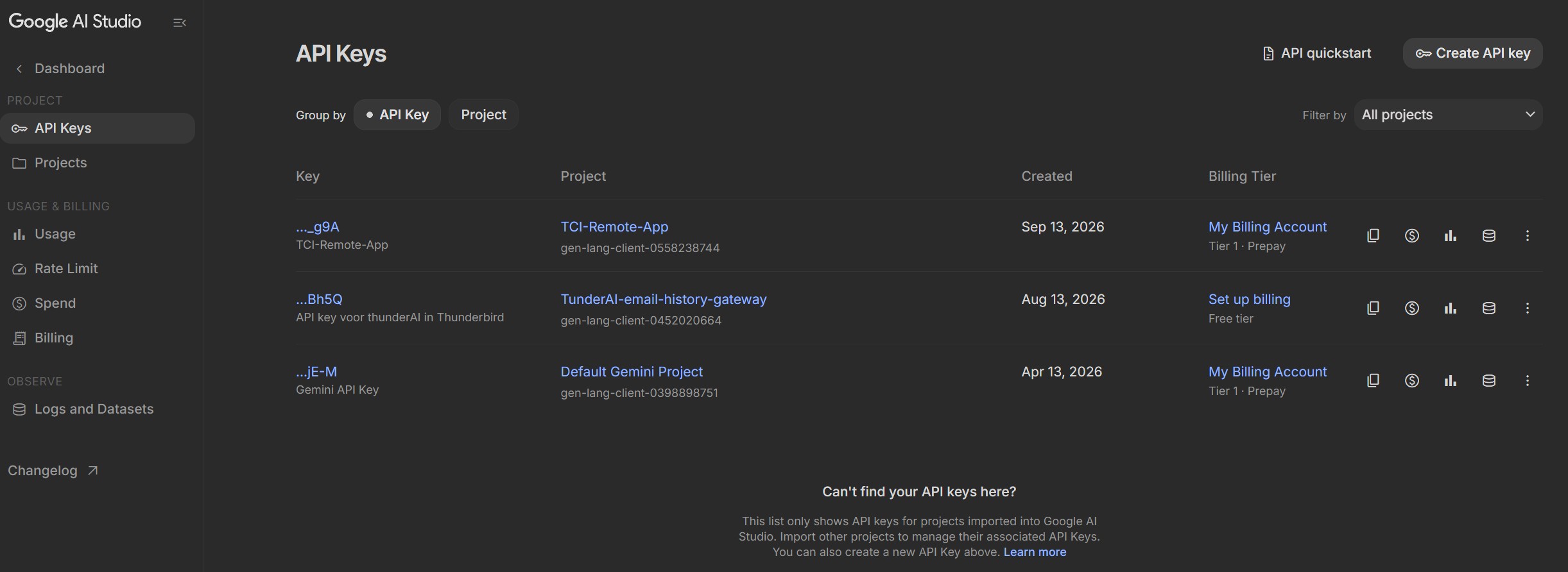 The API Keys page in Google AI Studio. The Billing Tier column shows one project on the free tier with a Set up billing link, and two projects on Tier 1 Prepay.