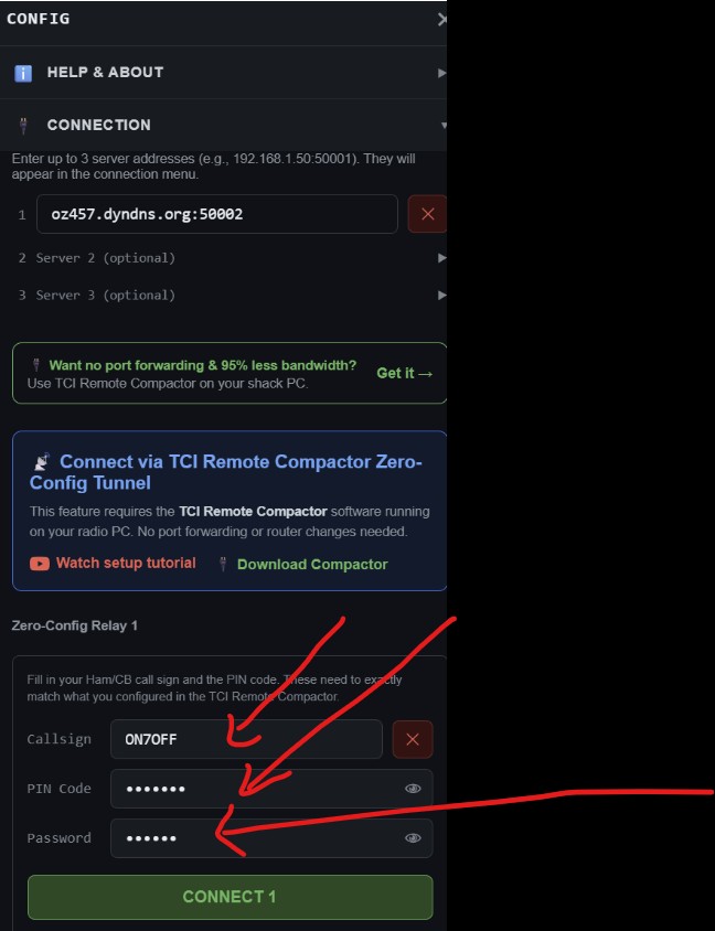 TCI Remote app Config screen showing Callsign, PIN Code, and Password fields